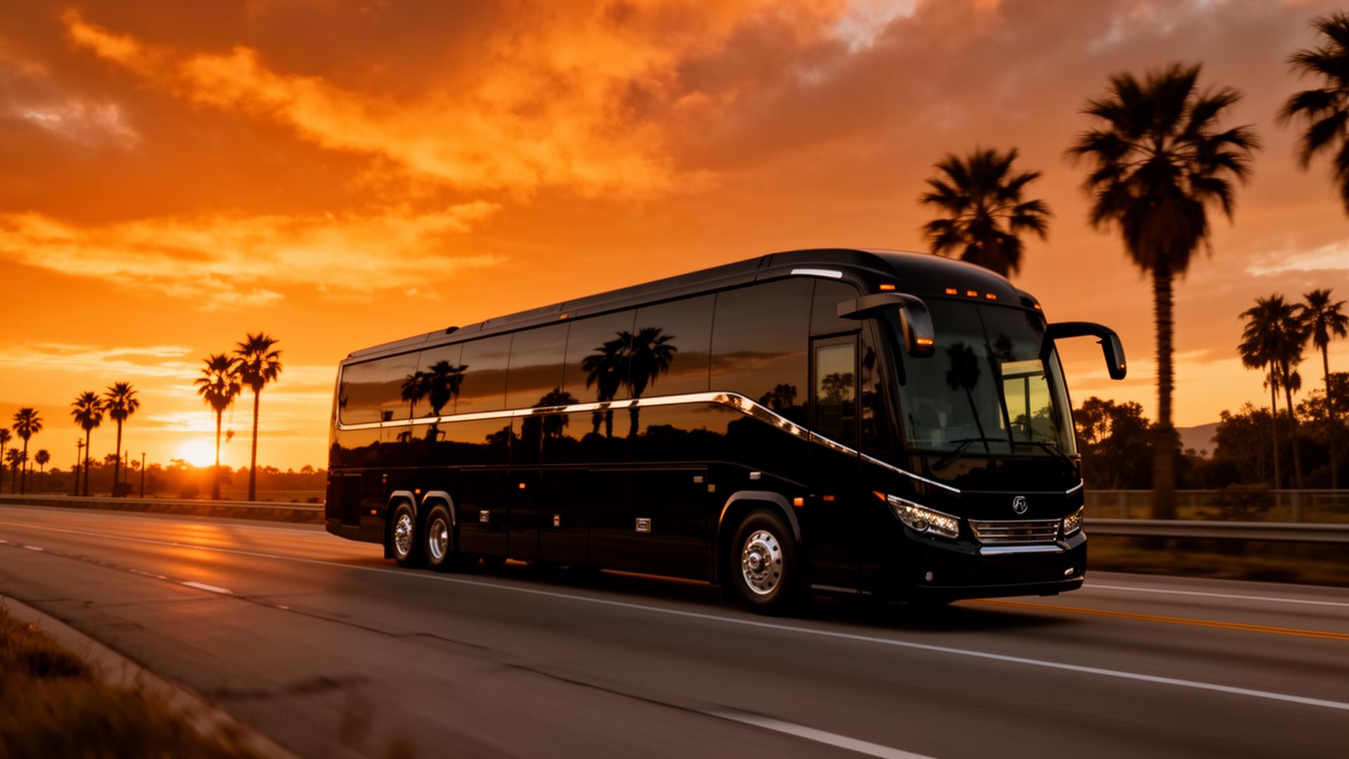 Black luxury coach at sunset